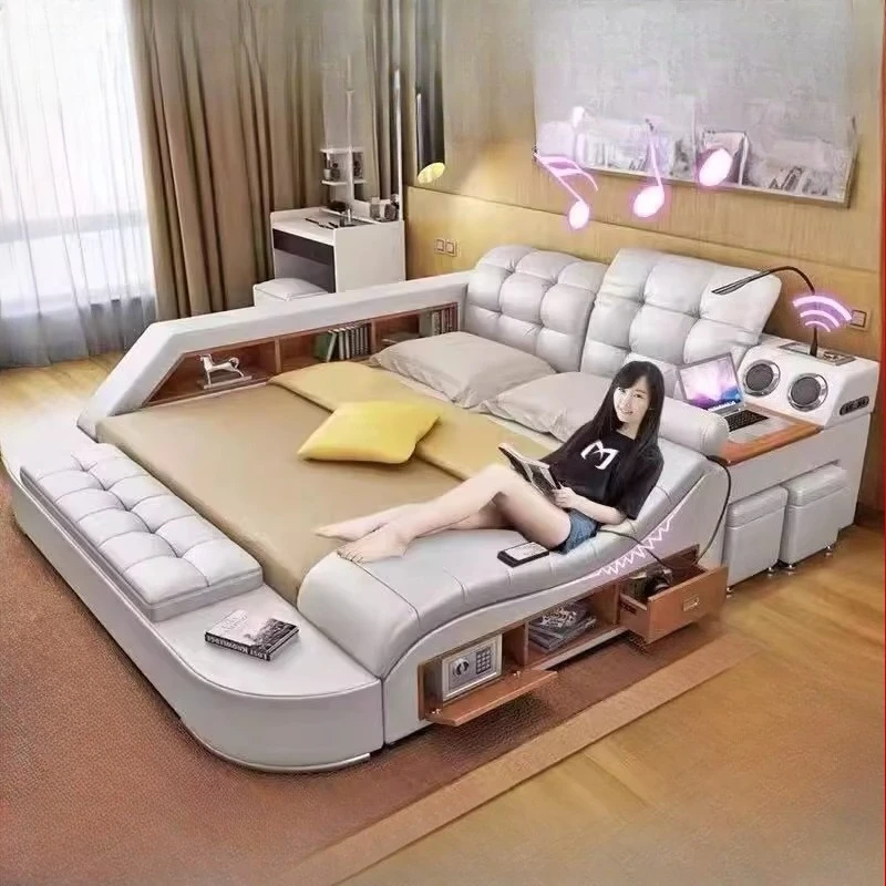 

Massager Multifonction Bed Leather Double Minimalist Storage Bed Modern Tatami Lit Intelligent Multifonctions House Accessories