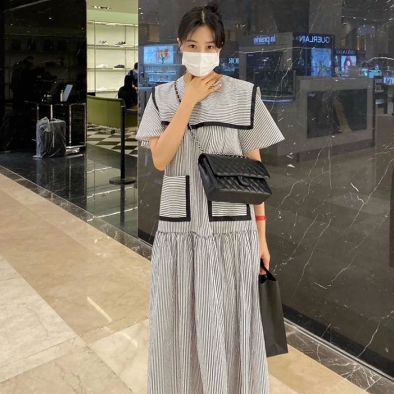 Chic Summer Sweet Youthful Navy Collar Color Blo ort Sve Double ket Striped Long Dr Women's Korean Sle Loose W...