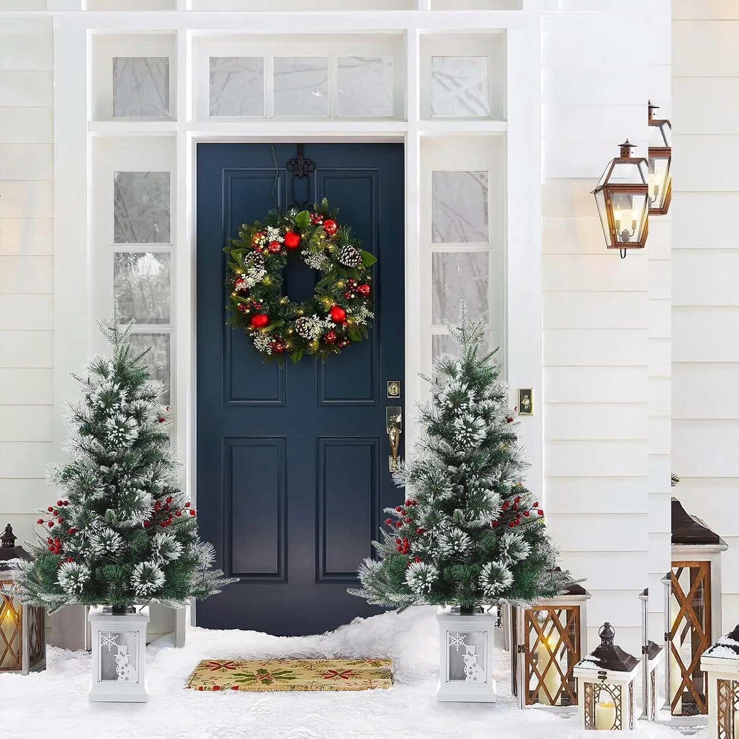 

2Pcs Christmas Tree 3 Ft Pre-Lit Artificial Christmas Trees with Potted Base Snow Flocked Small Tree With 78 Lights 8 Modes
