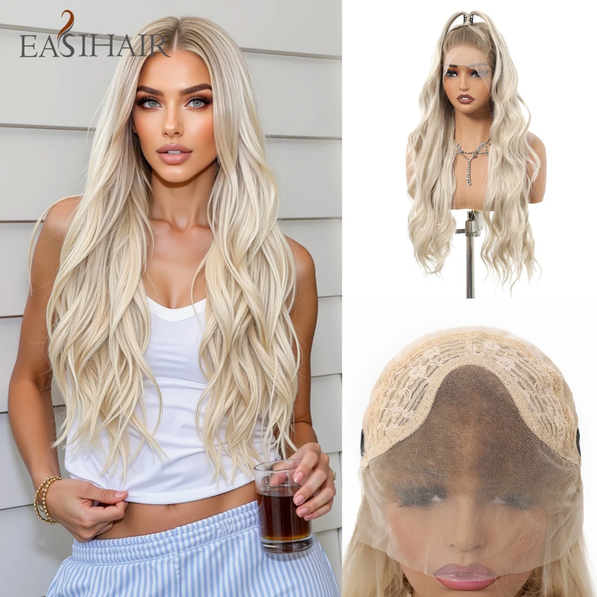 

EASIHAIR 13*3,5 Синтетические парики спереди для женщин Длинные волнистые светлые волосы Парики с темными корнями Натуральные волнистые парики на шнурке Ежедневное использование