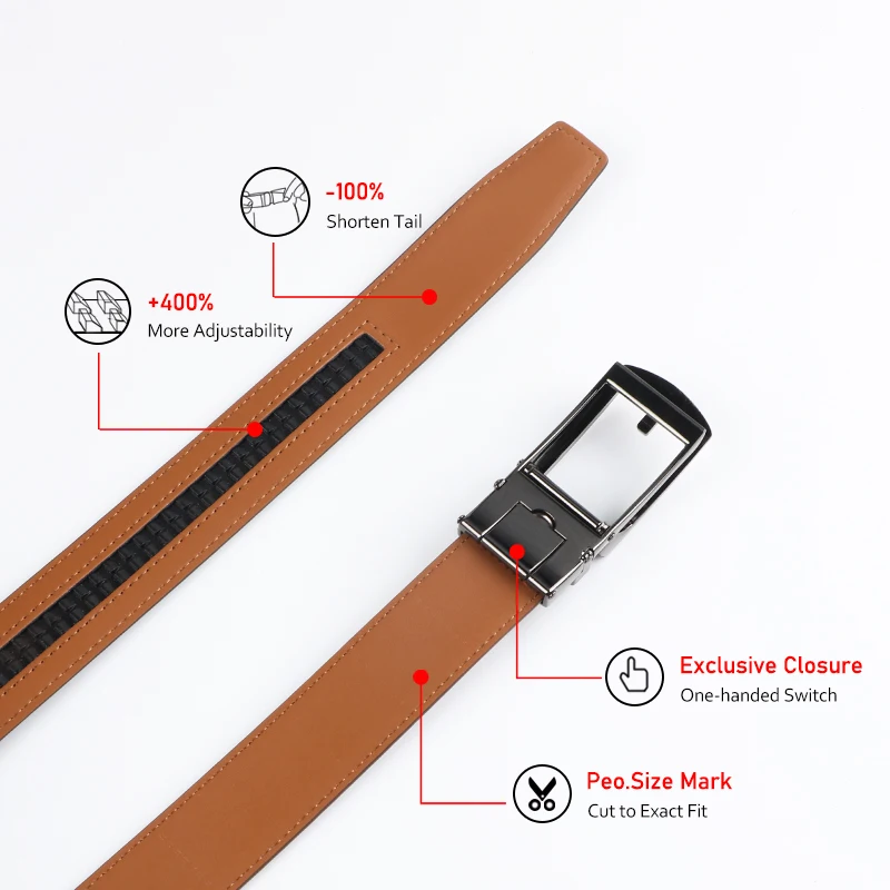 Genuine Leather Ratchet Belt for Men - Adjustable Automatic Buckle,Casual Business Style, High-Quality Leather Panel