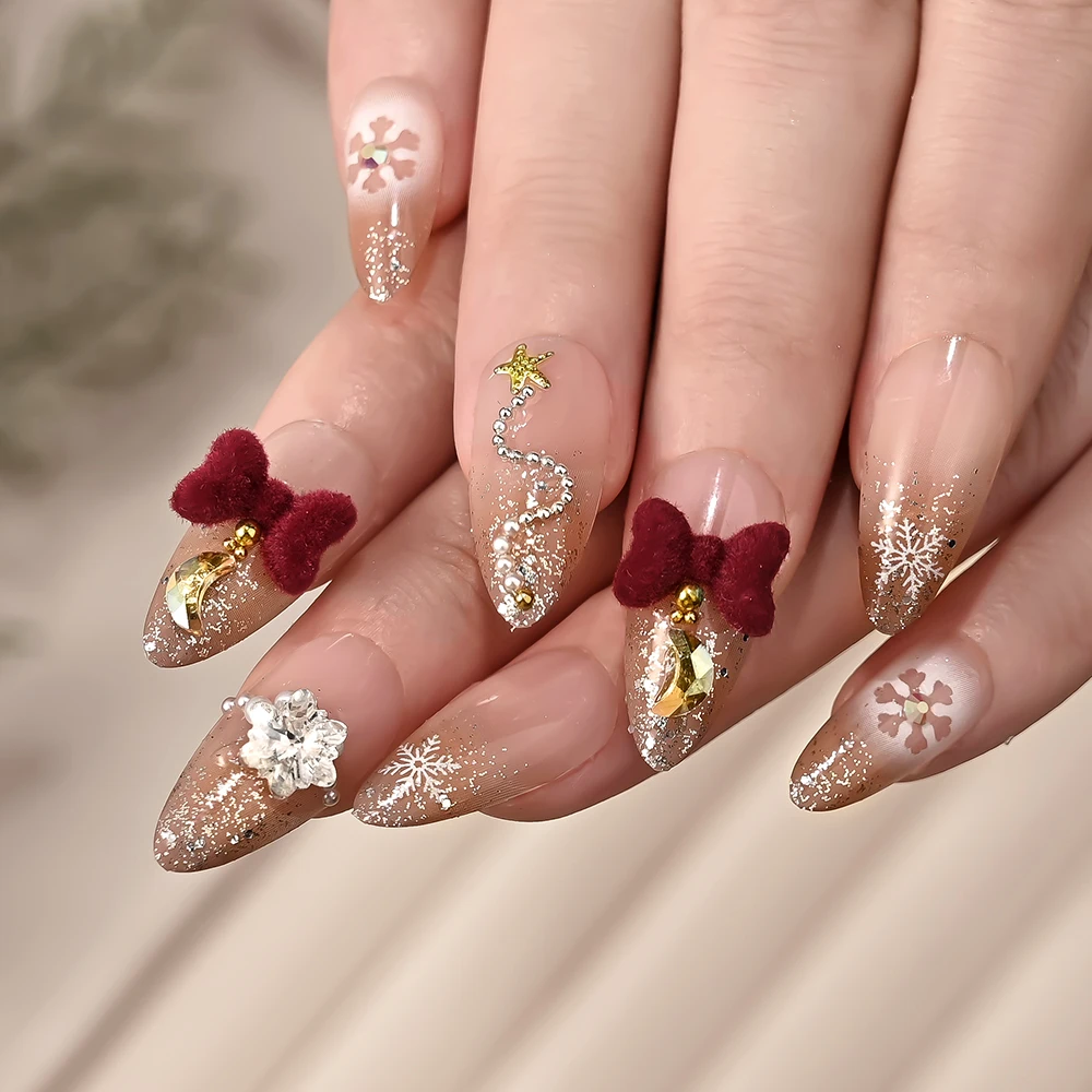 24 pçs glitter em pó francês natal unhas falsas floco de neve amêndoa cobertura completa unhas falsas com bowknot strass imprensa em unhas
