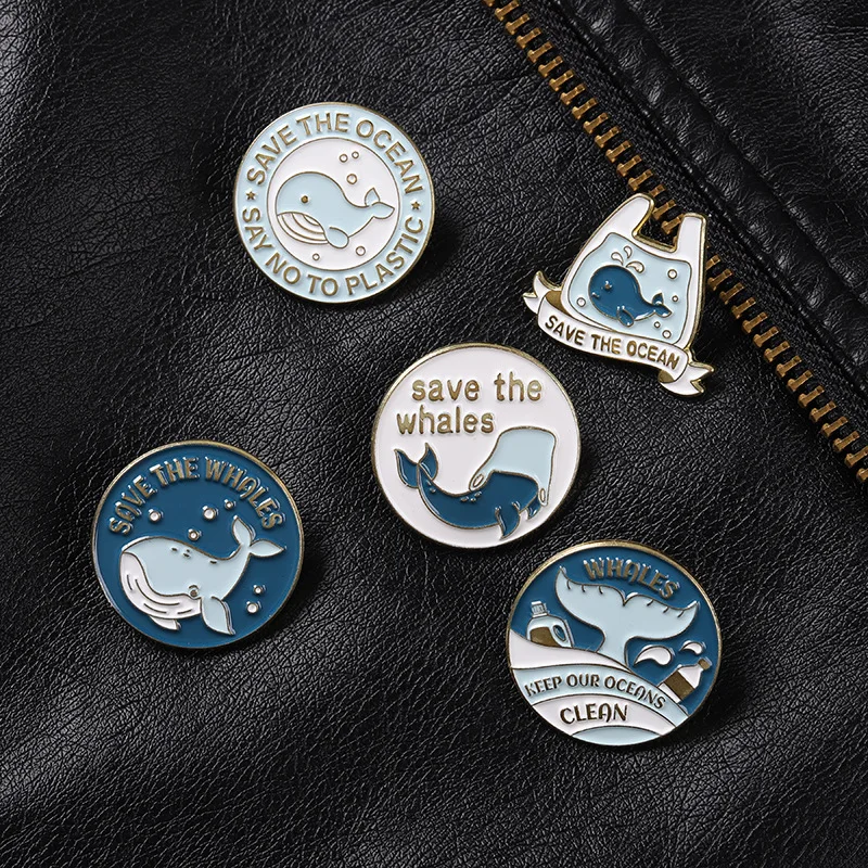 Cute Cartoon Whale Brooch Pins Save The Whales Ocean Enamel Lapel Pin Say No To Plastic Alloy Jewelry Bag Hat Cloth Accessory