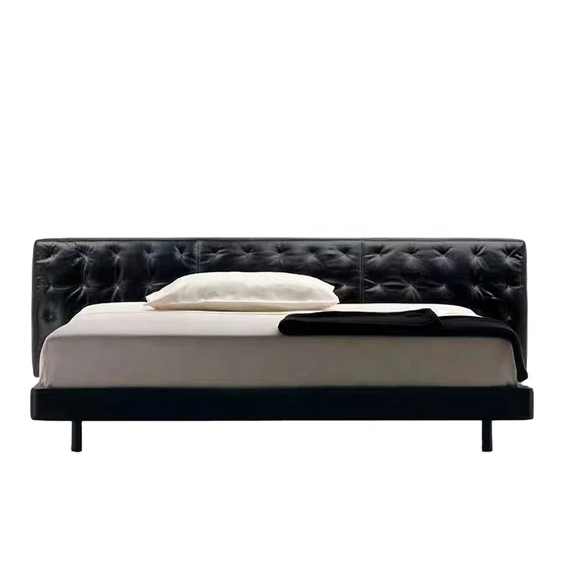 

Simple wooden bed frame with black fabric cover, soft bed, solid wood slats, king size