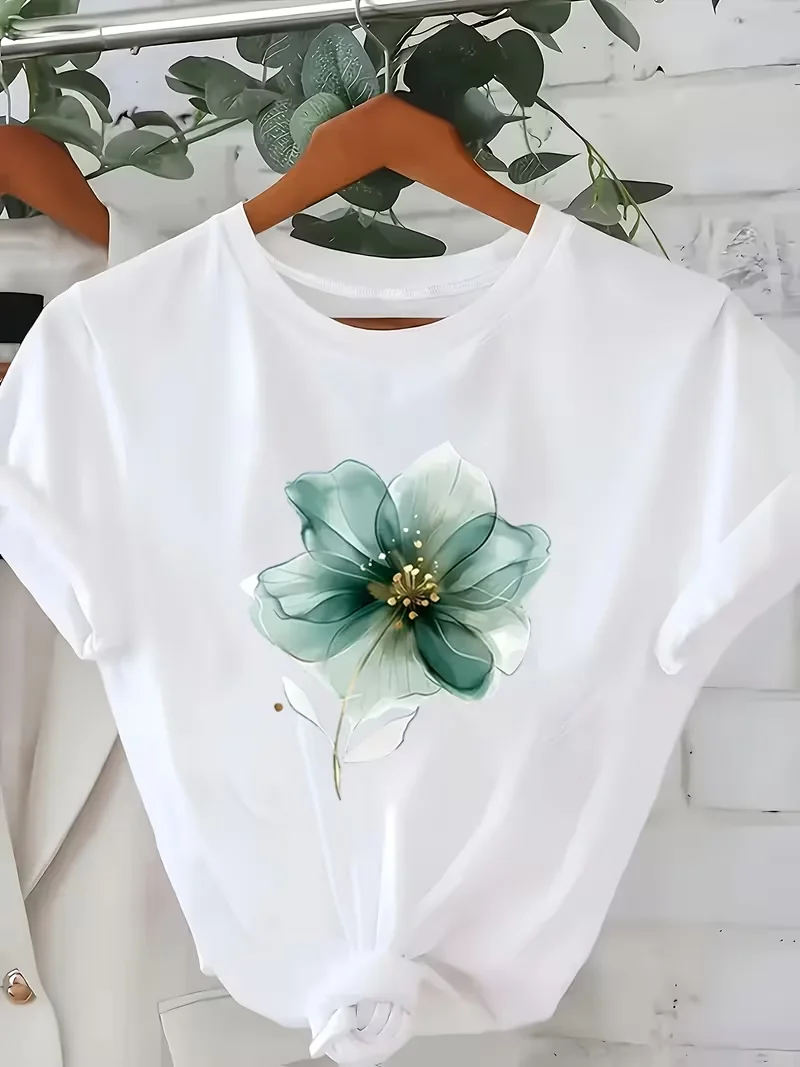 Women's Floral Print T-Shirt With Golden Accents - Short Sleeve Casual Top, Perfect Spring Summer Outfit, Washable Versatile Tee