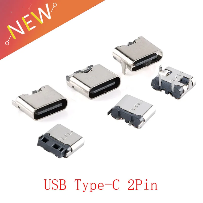 10Pcs USB Type-C 2Pin Horizontal / Vertical 2P Simple Soldered Female Plug-in Board Quick Charging for Android USB connector