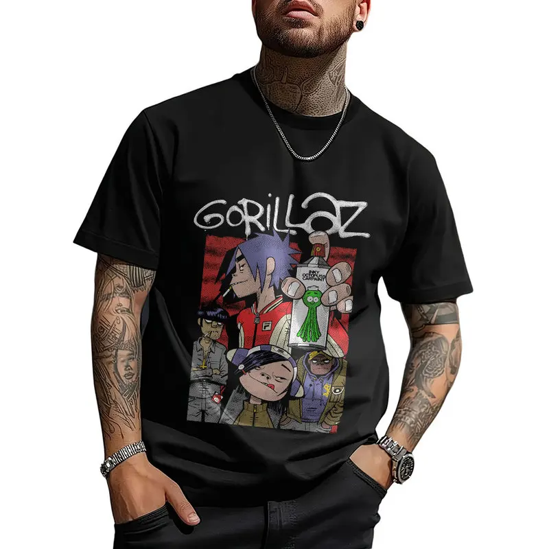 Gorillaz Virtual Rock Band Graphic T‑shirt Unisex Vintage Y2K Tee Hip Hop Streetwear 0824 Casual Cotton Tops S-6XL Fan Gift