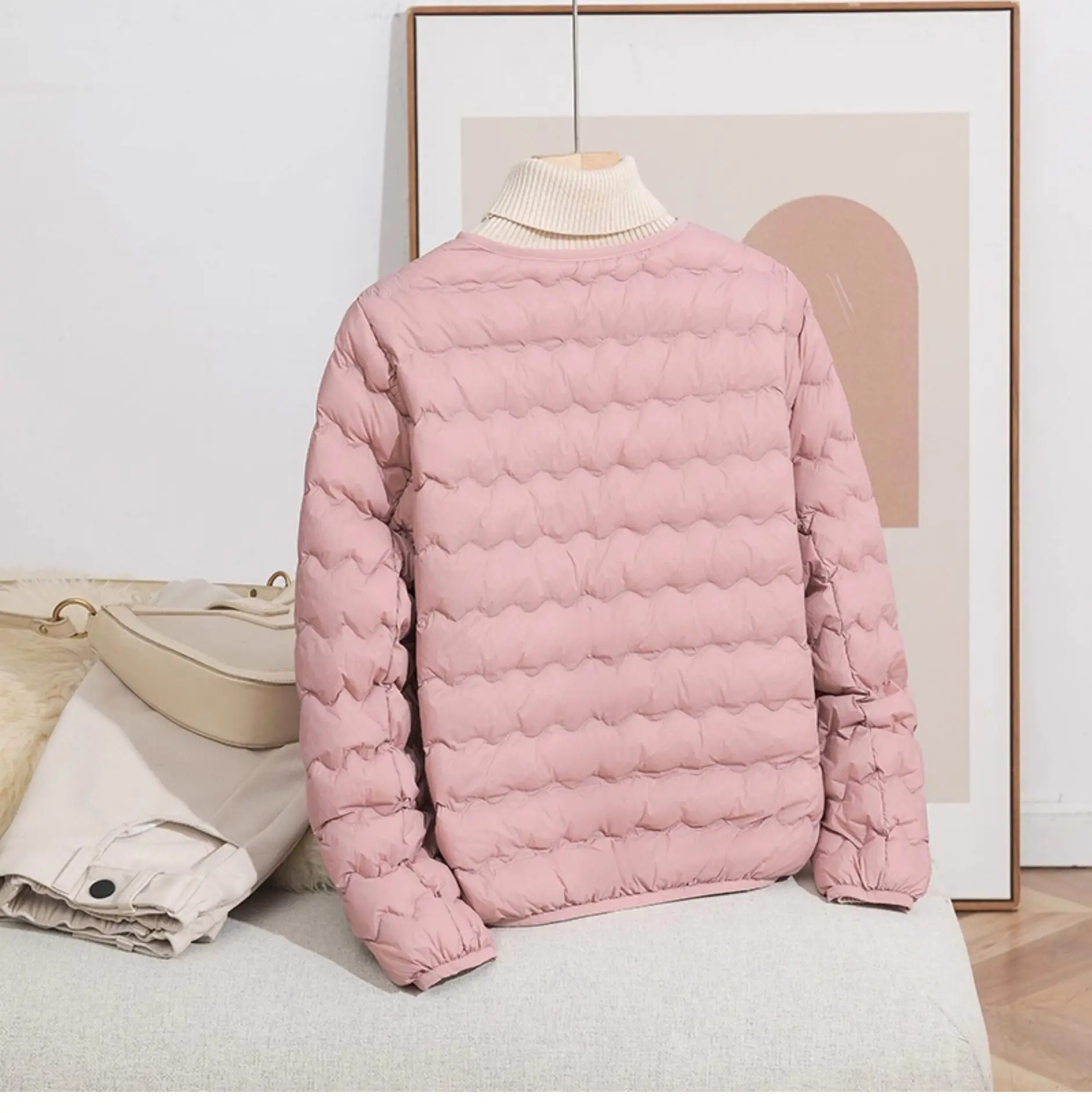 LANMREM Women Crew Neck Lightweight Short Down Jacket Wave Quilted Zipper Closure Portable Inner Wear Puffer Outerwear Coat