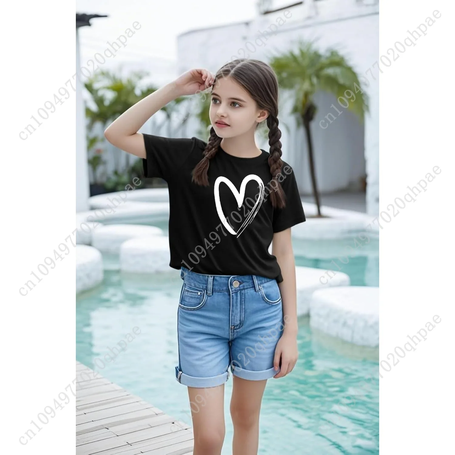 تي شيرت بناتي بأكمام قصيرة تي شيرت صيفي للأطفال برقبة دائرية تي شيرت برسومات أساسية من 5 إلى 14 سنة #5