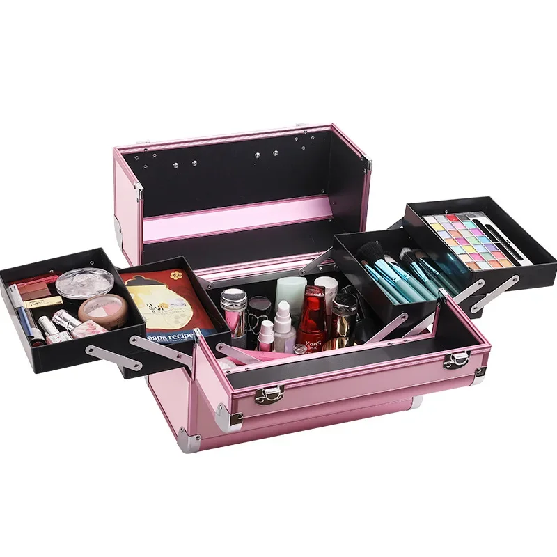 Large Capacity Double Open Makeup Case Aluminum Alloy Cosmetic Box for Salon Pro Tools and Travel Storage Makeup Rolling Case view 4