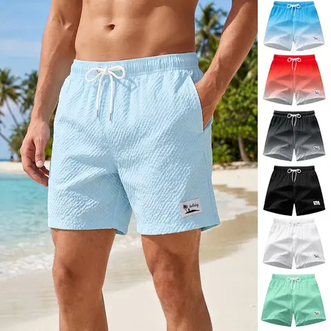 Shorts de Praia Masculinos em Seersucker com Forro de Malha, Shorts Casuais de Verão com Bolsos, Roupas de Banho de Secagem Rápida