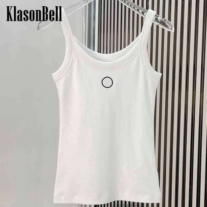 

7.5 KlasonBell Women Clothes Moon Embroidery Fashion All-matches Basics Strap Camis O-Neck Back Letter Brand Knit Tank Top