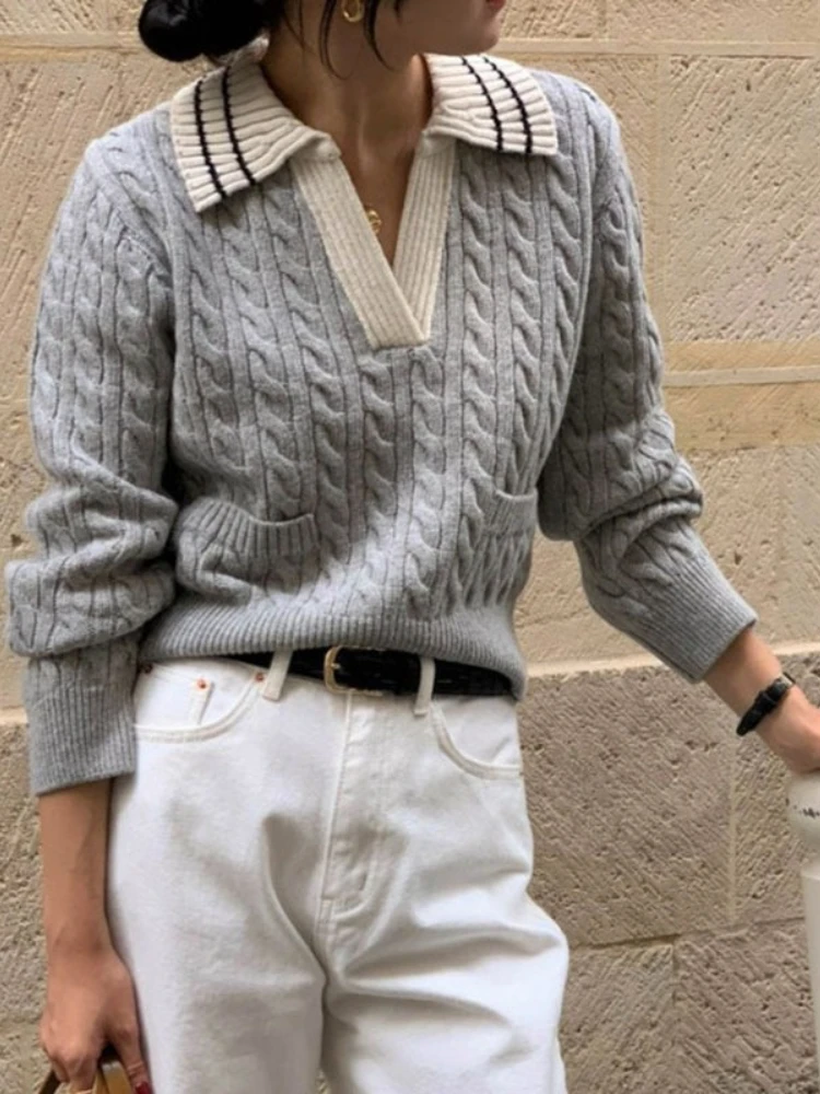 

Korobov Autumn Korean Chic V Neck Long Sleeve Solid Contrast Color Pockets Loose Knitted Pullover