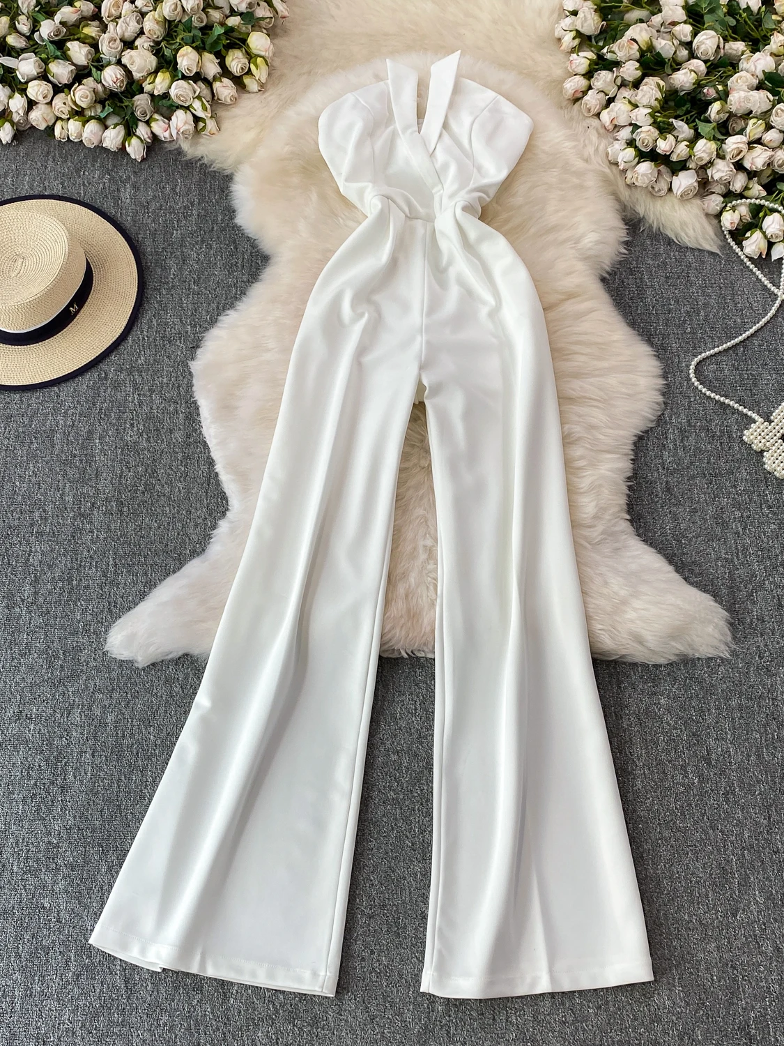 

Элегантный сексуальный брючный костюм с V-образным вырезом без бретелек, женский, с высокой талией, утягивающий, с широкими штанинами, модный, для офиса, с вырезами