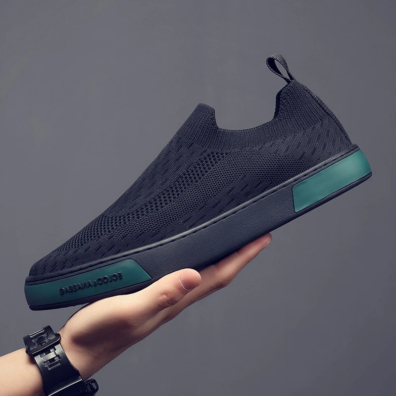 

Высококачественная новая мужская обувь, вязаная повседневная обувь, весна-лето, дышащая обувь для скейтборда на плоской подошве, молодежные крутые черные лоферы без шнуровки