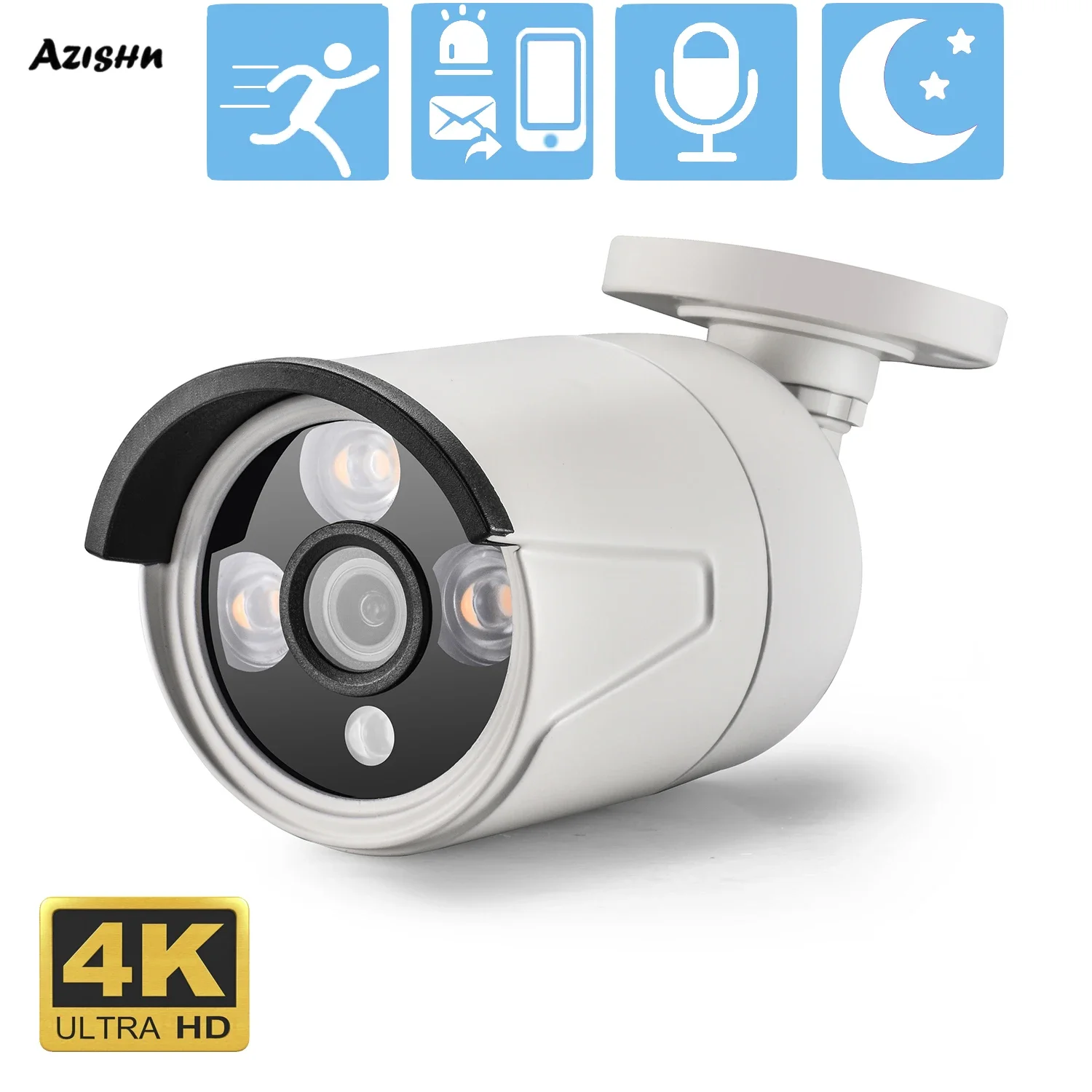 AZISHN Outdoor Waterproof 4K 8MP IP Surveillance Audio Metal Enclosure Infrared Security Camera