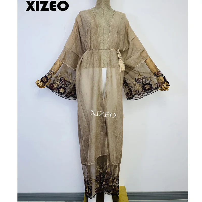 XIZEO Elegant Autumn Winter Women Cardigan Kaftan Transpare African Holiday Free Size Long Sleeve Party Wedding Gift Kimono