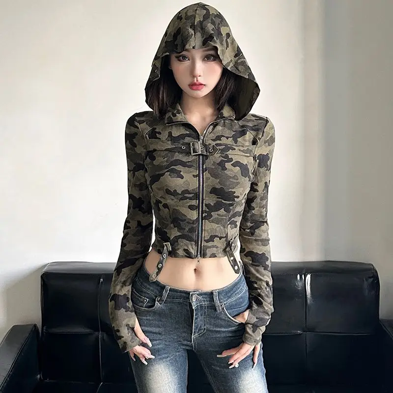 Hong Kong Style Explosion Street Camouflage Heavy Industry Zipper Hoodie Women's Autumn Short Cardigan Unique Top