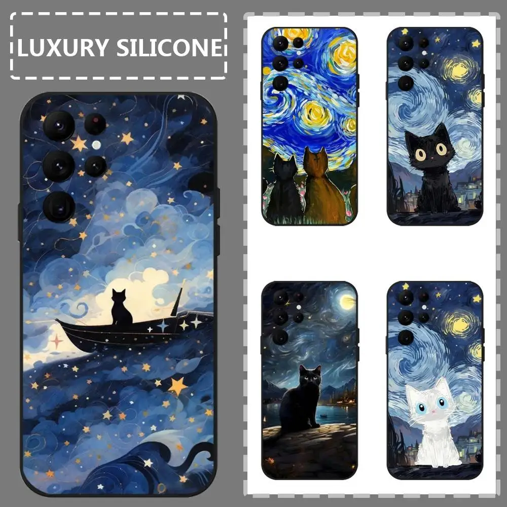 

1PC Van Gogh Cute Cat Phone Case For Samsung Galaxy S25 S24 S22 S23 Ultra S21 S20 Plus 5G Frosted Non-Slip Full Soft Case