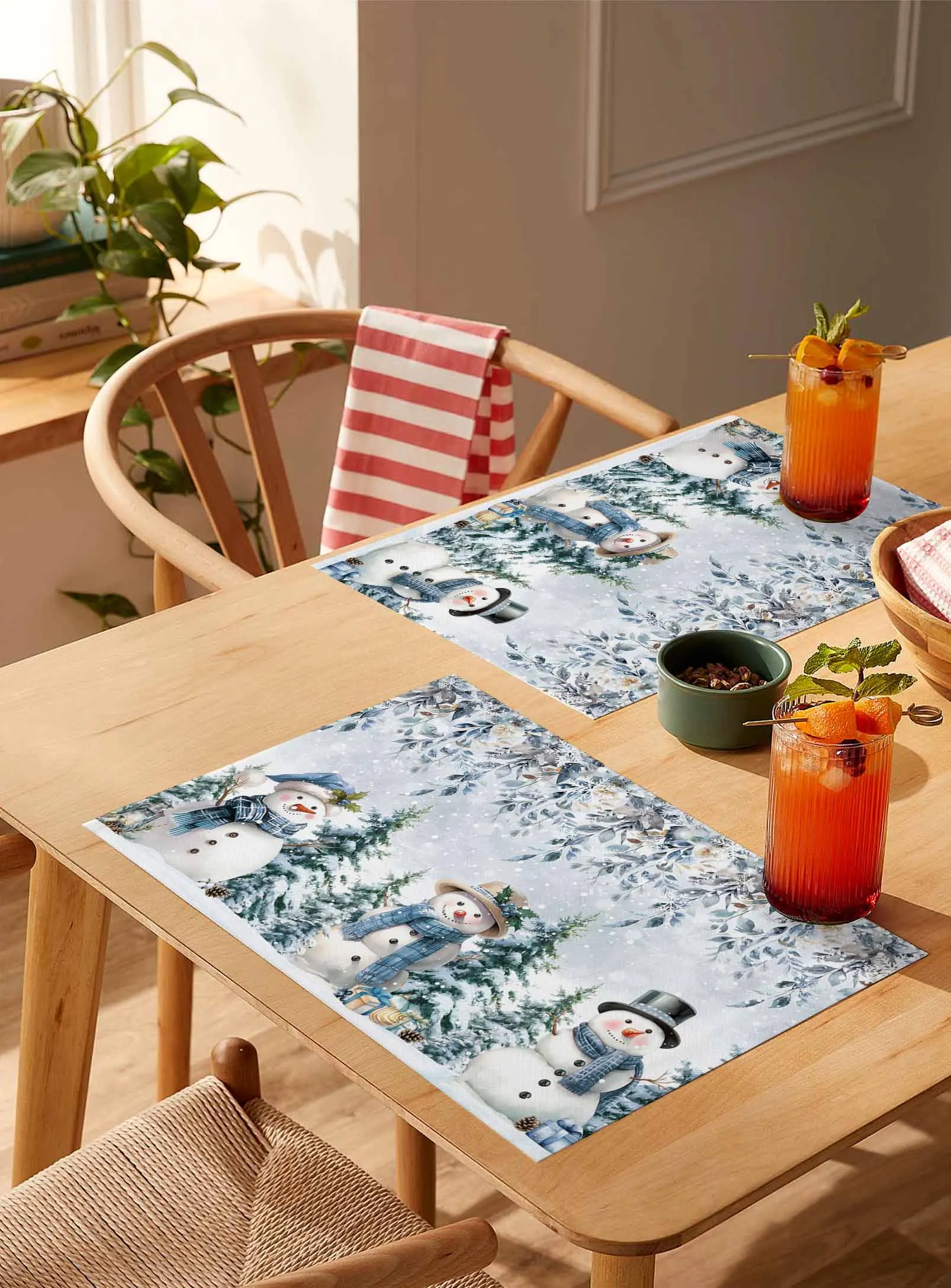 

4/6 Pcs Winter Flowers Christmas Snowman Placemat Wedding Party Dining Decor Linen Table Mat Kitchen Accessories