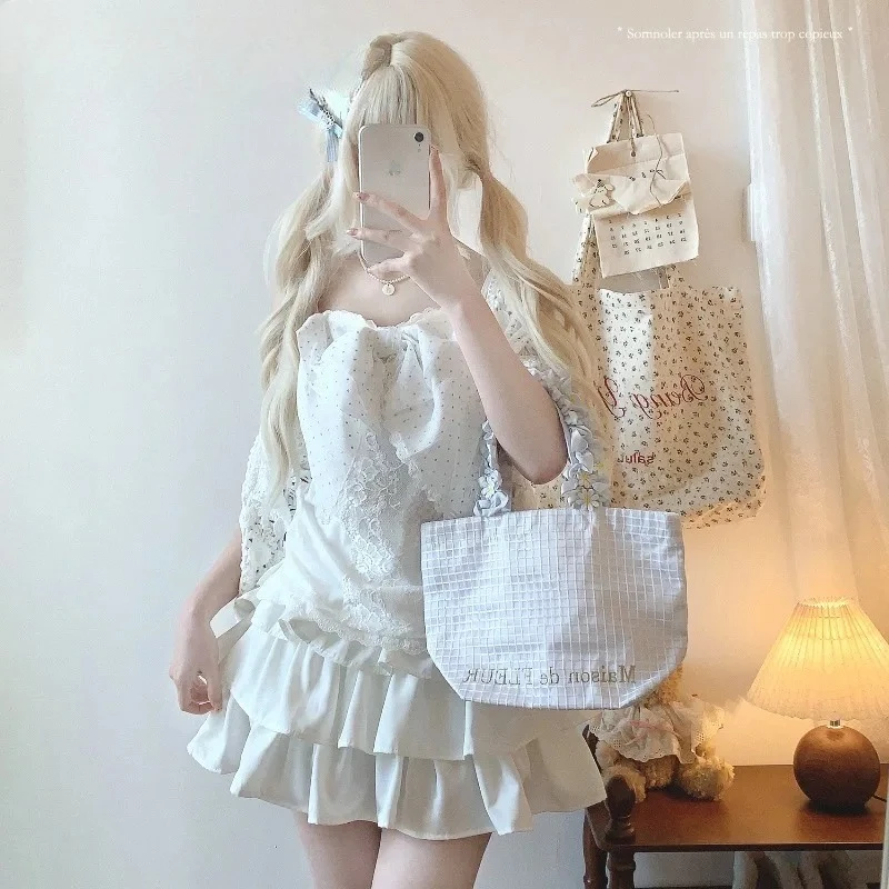 Novedad de verano, ropa de abrigo versátil para niñas, Top sin mangas Vintage, dulce puro deseo, camisola de retazos de encaje con lazo grande