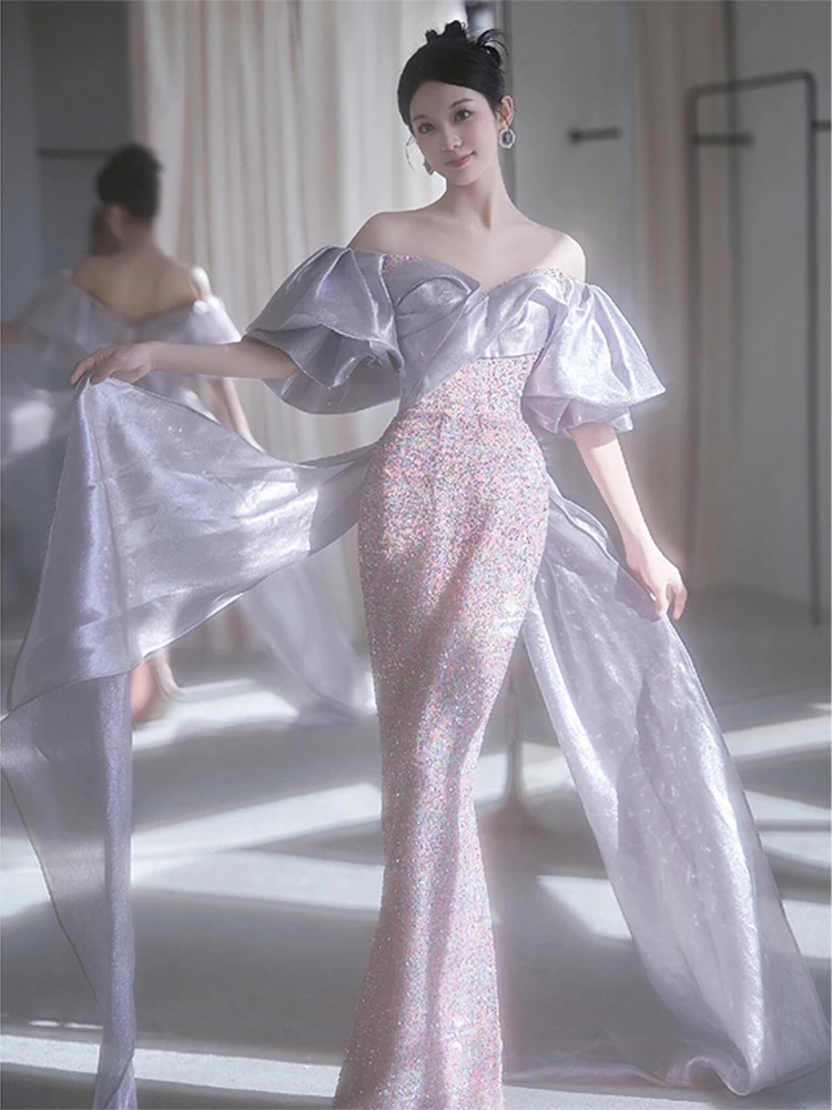 

Bride's One-oulder Sequin Evening Gown Host Formal Ball Luxury Fi Tail Dr Korean Sle Polyester Fiber Long Skirt