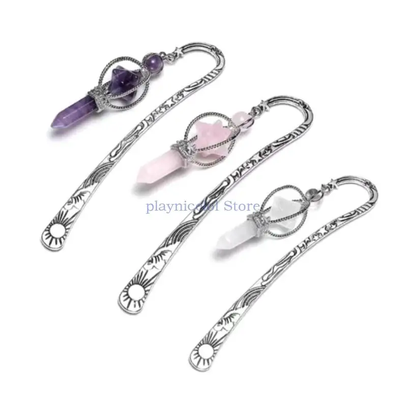 Antique Carved Hook Bookmarks Metal Book Markers with Crystal Stone Pendant Reading Accessories Gift for Book Lover E8BA