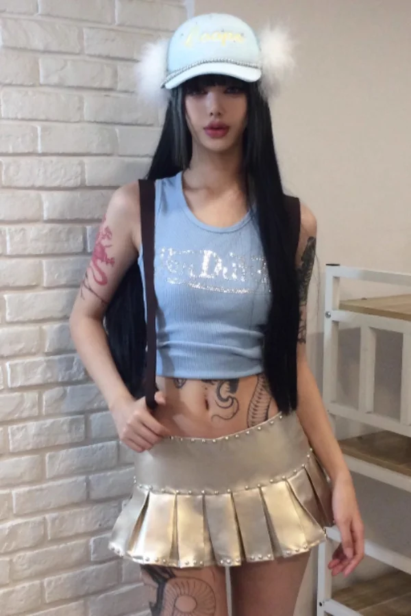 

2025 Summer Y2K Pleated Mini Skirt with Shorts for Women Low Waist Sexy Baddie Style Studded Design Slim Fit Leg Elongating Look