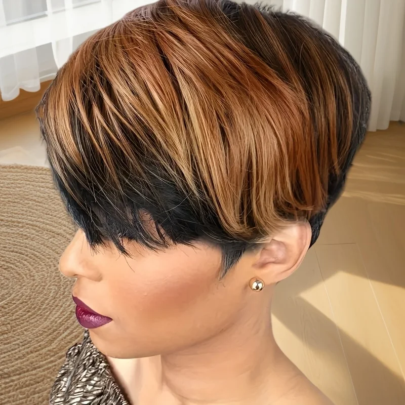 인모 하이라이트 숏 스트레이트 픽시컷 머신메이드 앞머리 있는 여성용 밥 가발