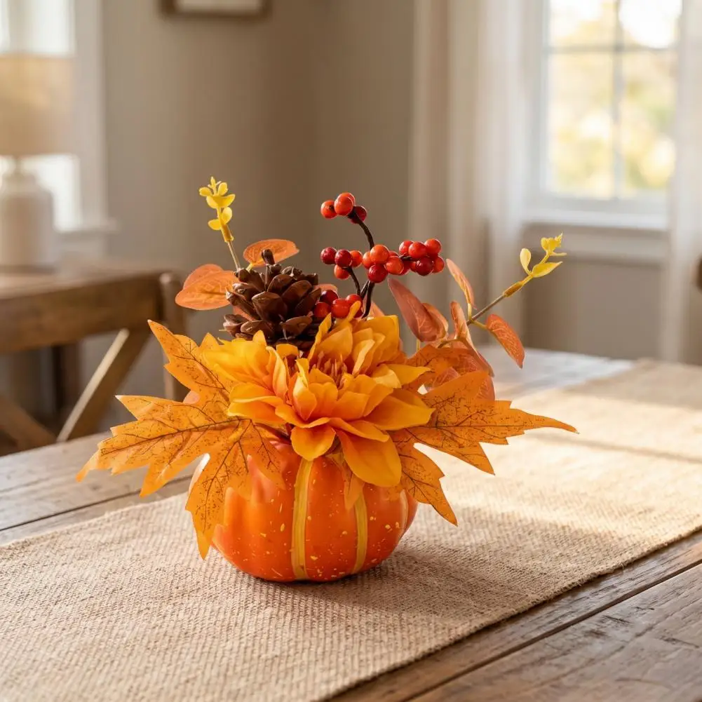 Autumn Mantle Decor Artificial Pumpkin Decor Artificial Pumpkin Table Centerpiece with Sunflowers Maple Leaves Pine Cones –