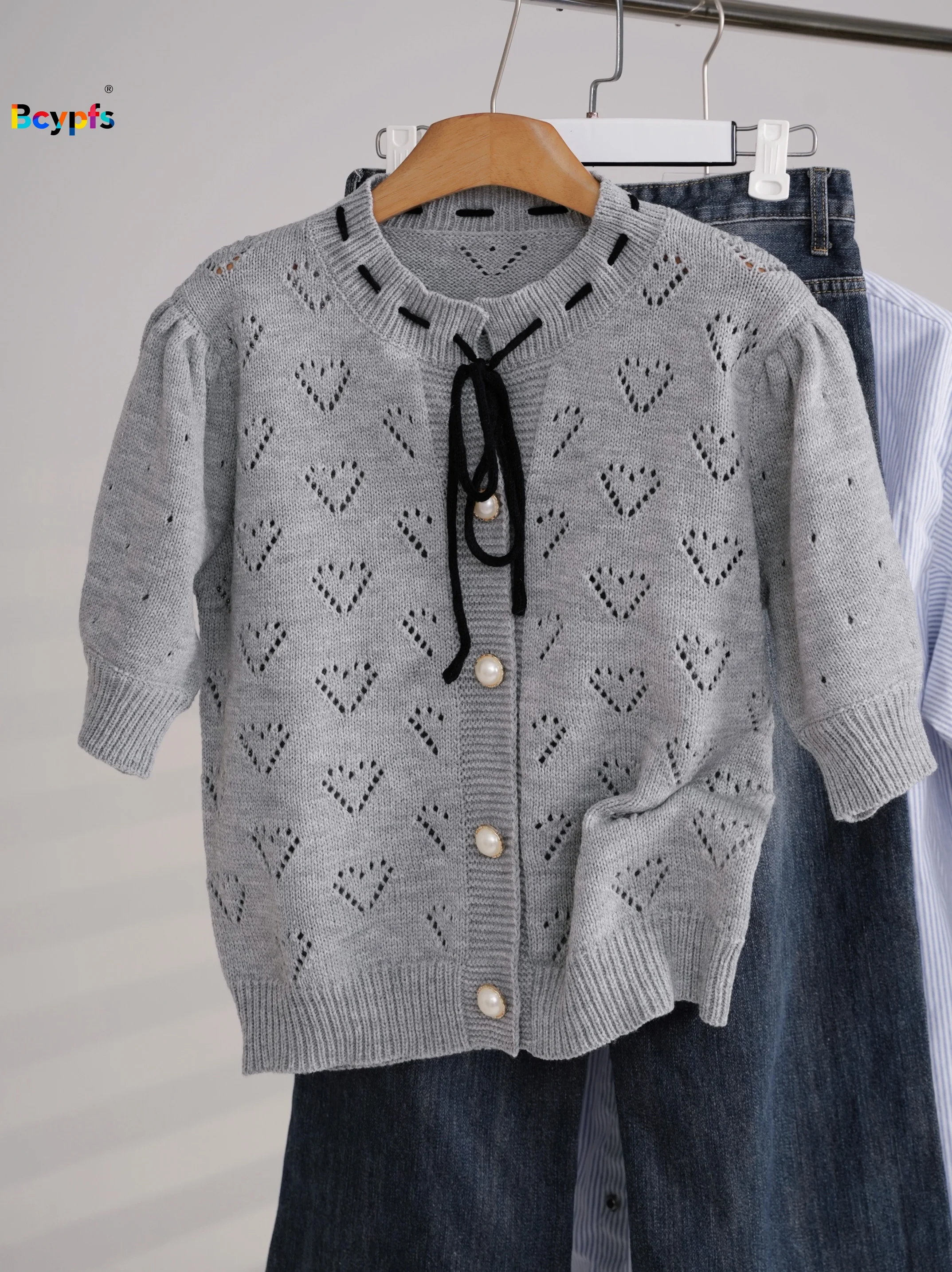 

2026 Spring New Style Gray Heart Hollow Knit Cardigan - Lace-up Pearl Button Short Sleeve, Gentle Sweet Slimming Outerwear Top