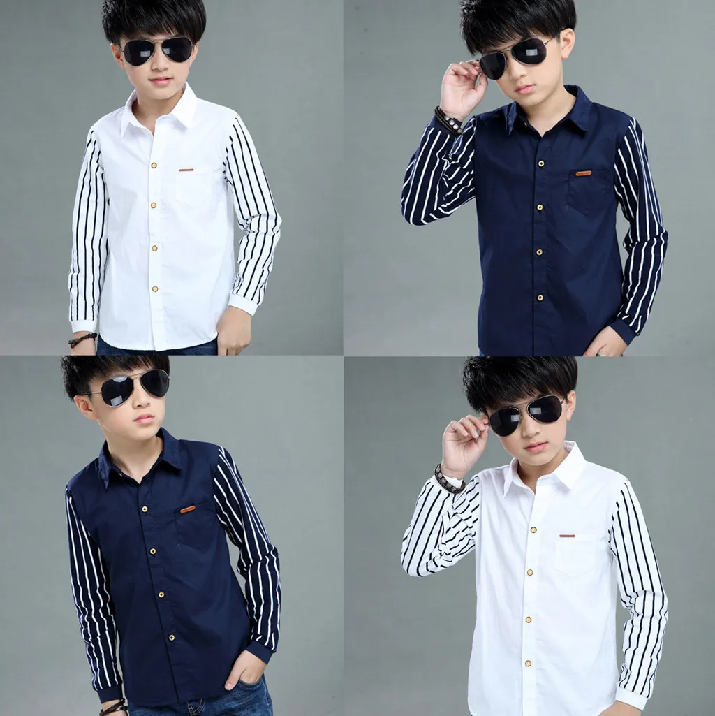 Teen Baby Kids Boys Long Sleeve Stripe Fastener Gentleman Shirt Tops Clothes