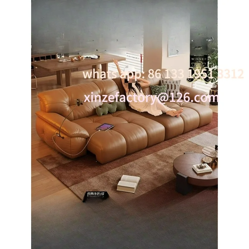 

Sofa bed first layer leather light luxury retro living room retractable zero wall multi-functional sofa