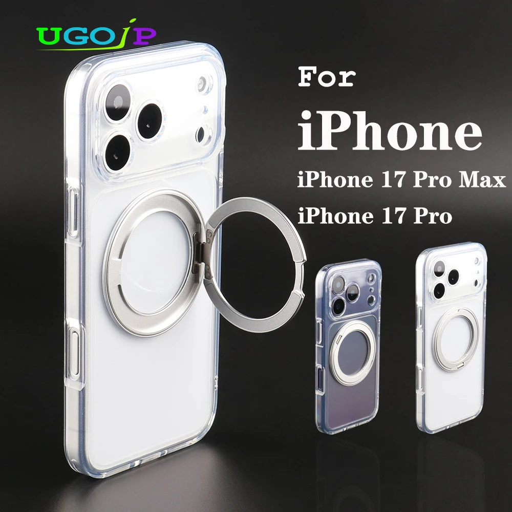 

Чехол UGOjP для iPhone 17 Pro Max 17 Pro 360 ° Прозрачный чехол для телефона с вращающейся подставкой, магнитная прозрачная защитная задняя крышка MagSafe