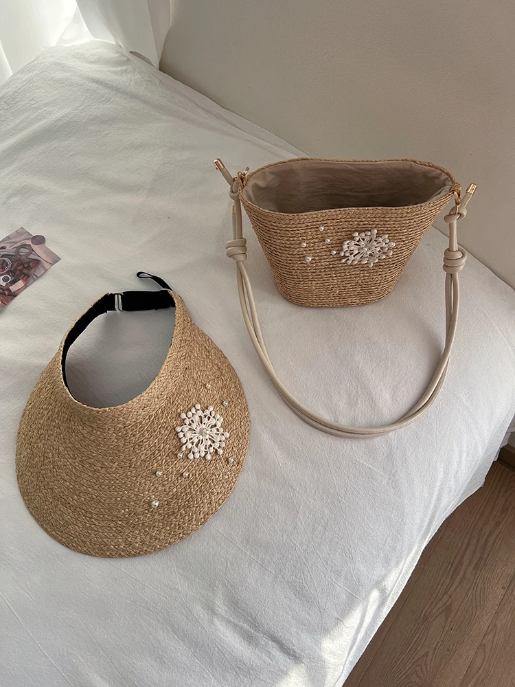USPOP Women's Raffia Straw Hat and Bag Set - Adjustable Open Top Sun Hat & Drawstring Bucket Beach Bag for Summer Vacation