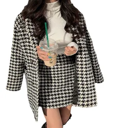 Women's Suit Women's Spring and Autumn 2024 New Houndstooth Quilted Woolen Coat Coat + High Waist Skirt Two-piece Suit