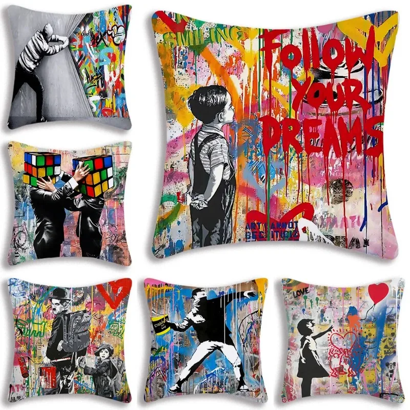 Banksy Street Graffiti Art Pillow Covers Cartoon Sofa Decorative Home  Printing  Cute Cushion Cover pillowcase