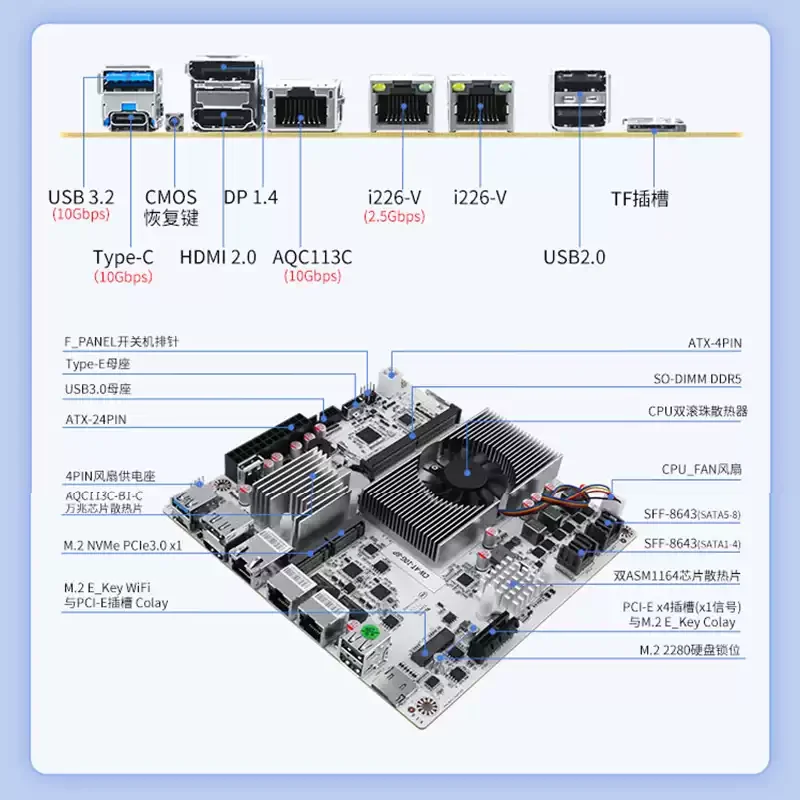 8-Bay NAS Motherboard with  N100 N150 N305 N355 CPU 10GbE SATA Ports for Home Server Mini-ITX