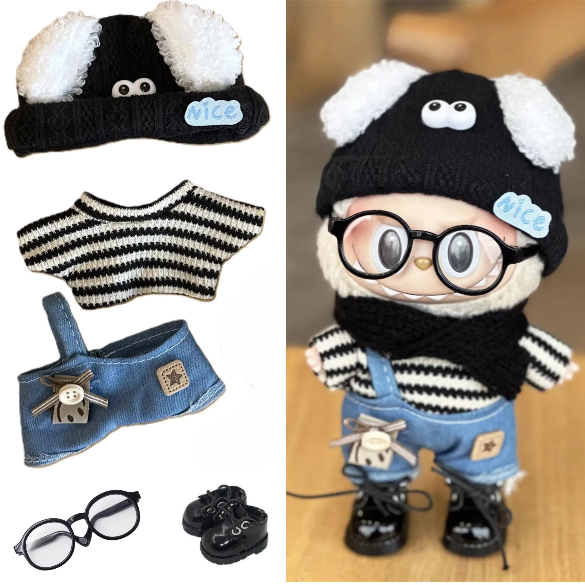 Fashion Clothes Set For 17cm Labubu V1 V2  Dog hat Denim strap Striped Inside Labubu Designer Clothes Labubu Ropa