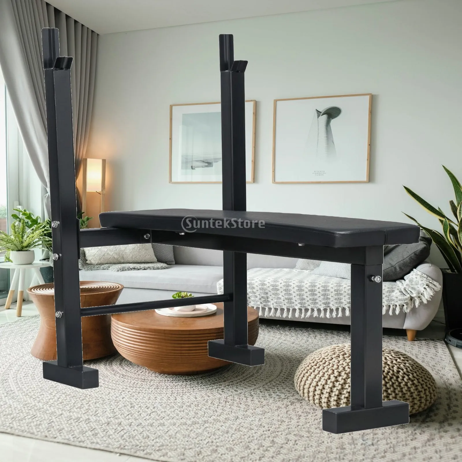 Multipurpose Weight Bench Press Rack with Rectangular Floor Feet for Safe Barbell Workout and Strength Routine