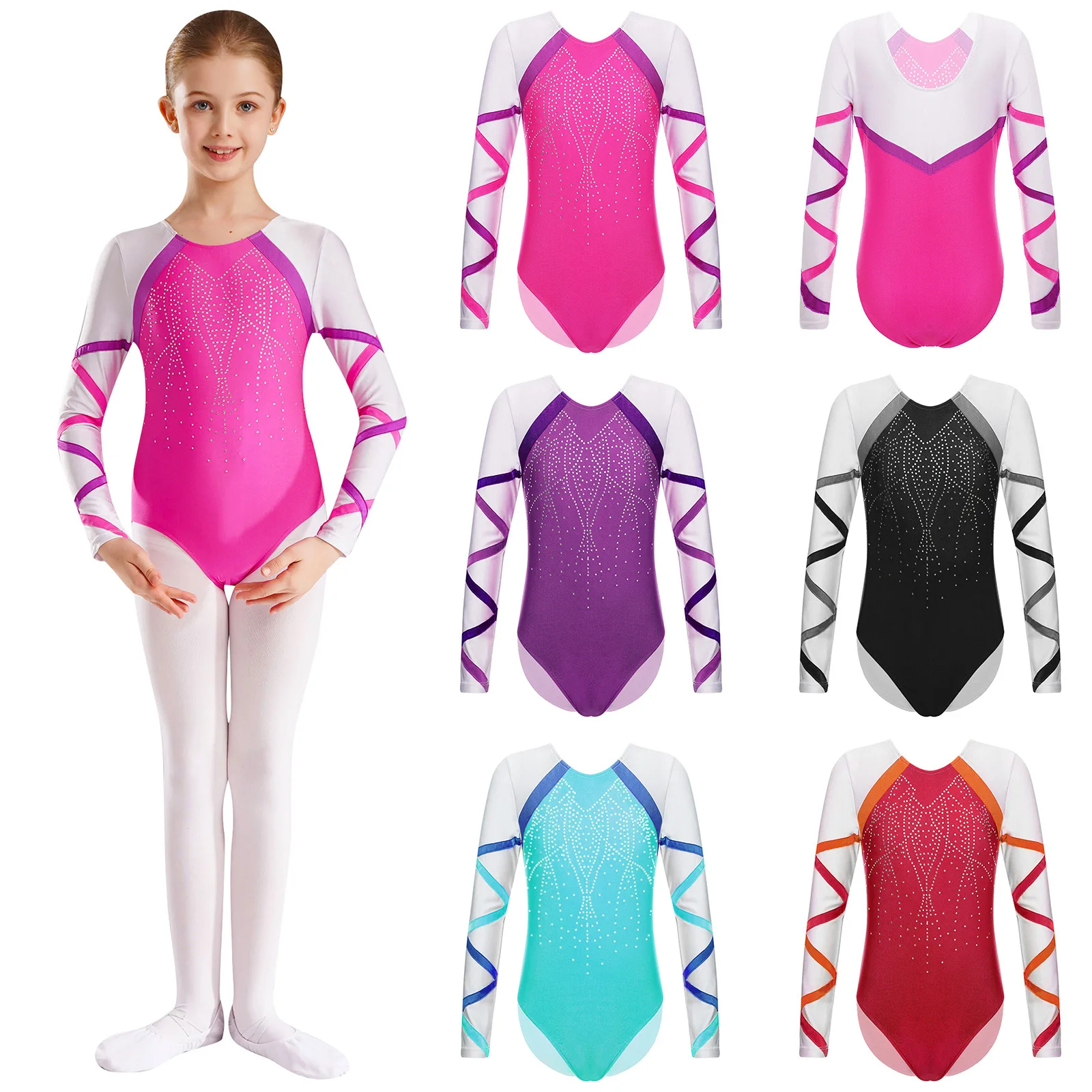 Kids Girls Ballet Gymnastics Leotard Figure Ice Skating Dance Unitard Shiny Sequins Rhinestones Round Neck Long Sleeve Bodysuit