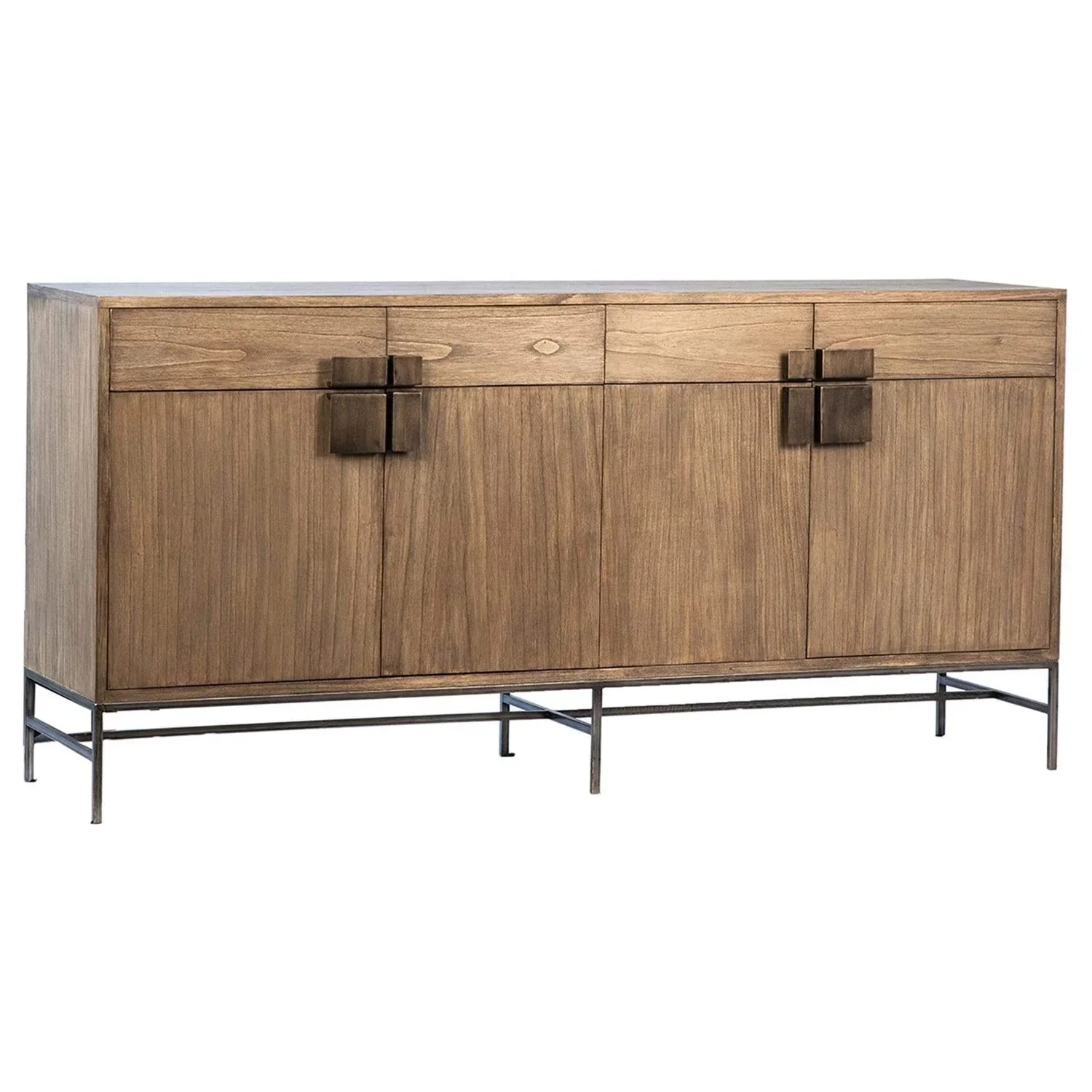 Light Brown Sealed Finish Oak Veneer Modern Style Cabinet Sideboard With Industrial Iron Frame Buffet