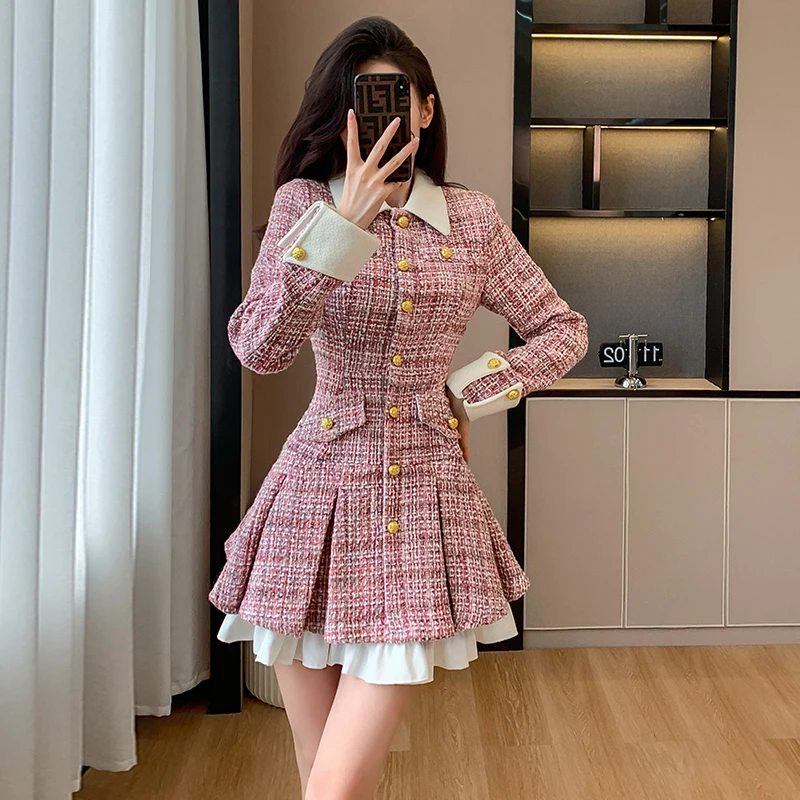 High Quality French Autumn Winter Women\'s Luxury Runway Celebrity Single Breasted Patchwork Tweed Woolen Office Fashion Dresses