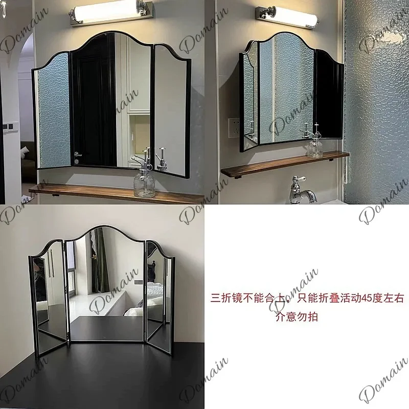 BJ French Vintage Black Tri-Fold Vanity Mirror, 3-Way Folding Bathroom Mirror, Wall-Mounted Decorative Makeup Mirror