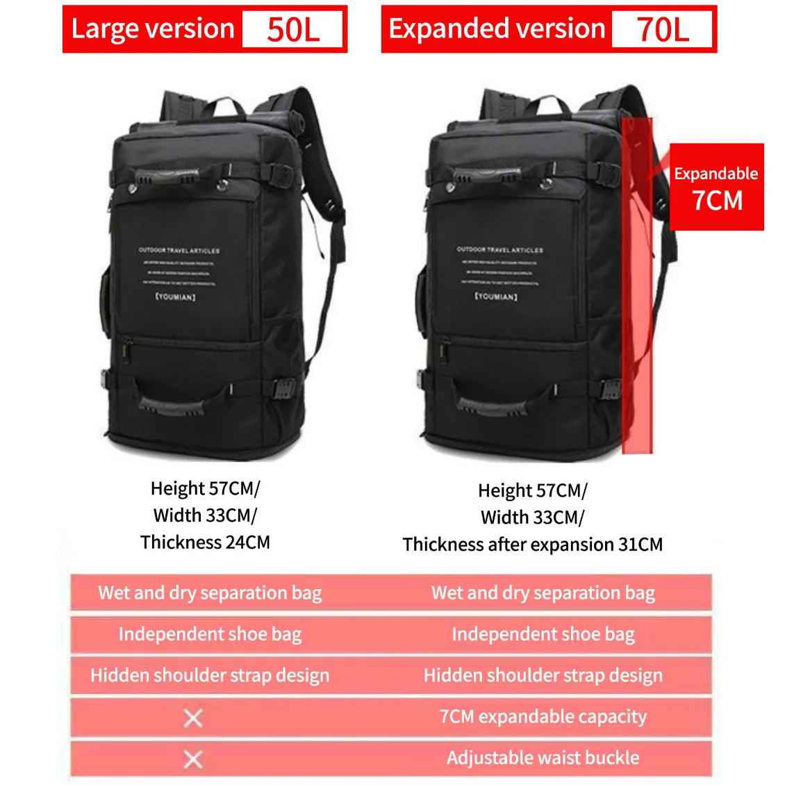 50L 70L Travel Backpack For Men Xpandable Large Capacity Backpack Travel Luggage Backpack Multi-functional Outdoor Hiking Bag