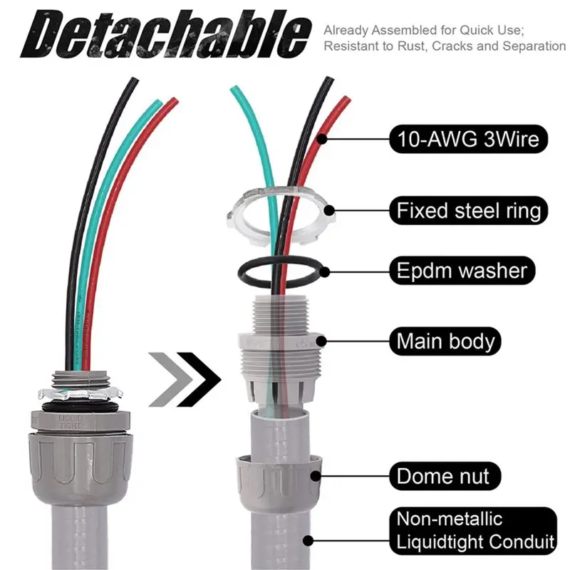 AS63-Electrical AC Whip Kit Conduit-To-Cable Connector Connecting Wires 3-Conductor 10-Gauge Wires With Straight/90 Degree Fitti