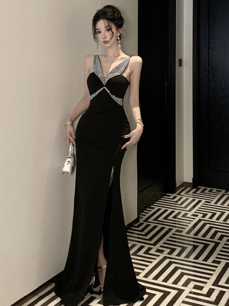 

High end heavy industry low cut temperament elegant dress socialite sexy high waist show figure slit hip hugging dress