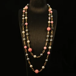 Pink Stone Gray Pearls Long Pendant Trendy Statement Necklace