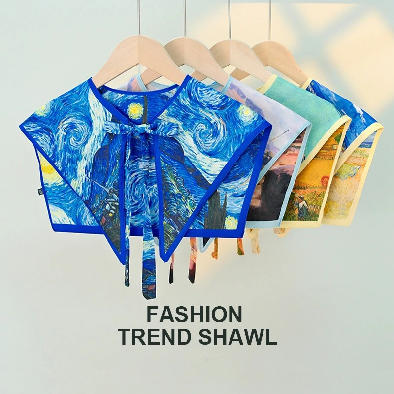 

French Vintage Oil Painting-Style Tie-Front Shawl: Lightweight, Versatile Spring/Fall Women's Decorative Vest with Faux Collar