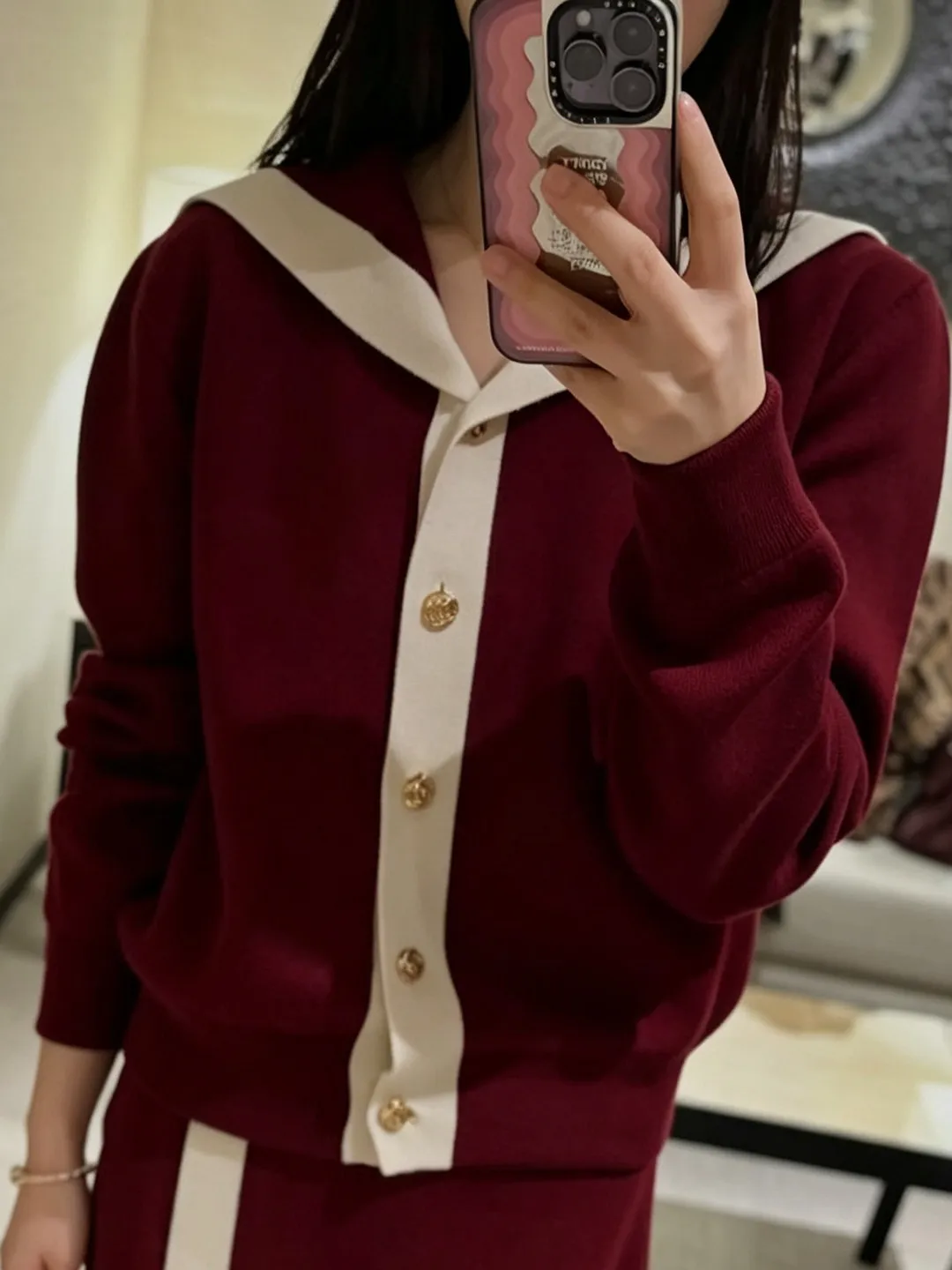 Women's Color Block Sailor Collar Knitted Cardigan Burgundy Metal Button Fashion Elegant Knitwear Top